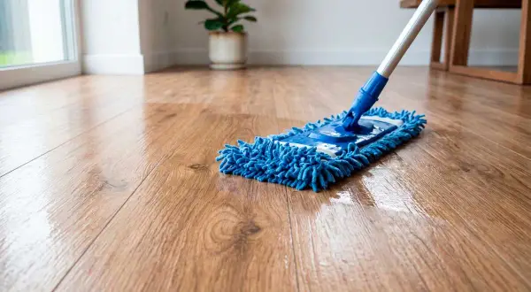 Un trapeador azul limpia un suelo de madera brillante. Aprende como limpiar suelo de madera para mantenerlo reluciente.