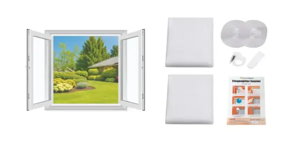 Kit para instalación de mosquiteras: mallas blancas, velcro, cortador y manual de instrucciones para proteger tu hogar de insectos.