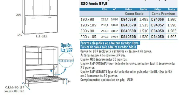 Mecanismo de cama abatible con armario. El espacio entre cama y armario es de 57,5 cm. Incluye opción de luz LED.