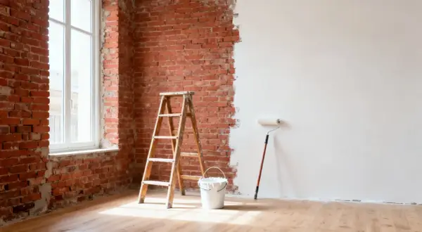 Una habitación con paredes de ladrillo expuesto y una pared parcialmente pintada de blanco. Una escalera de madera, un cubo de pintura y un rodillo esperan para continuar la renovación.