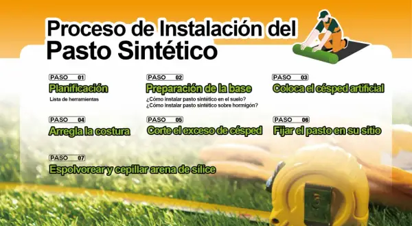 Guía paso a paso para la instalación de césped artificial: planificación, preparación, colocación, corte, fijación y acabado.