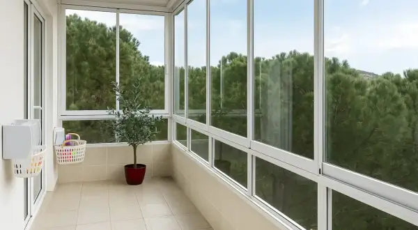 Un balcón cerrado con vistas a un bosque de pinos. Hay una planta de olivo en maceta y cestas de almacenamiento en la pared.