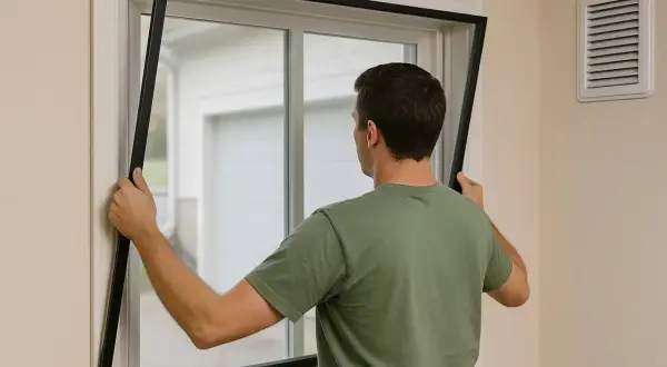 Hombre instala un marco para ventanas insonorizadas, mejorando el aislamiento acústico del hogar.