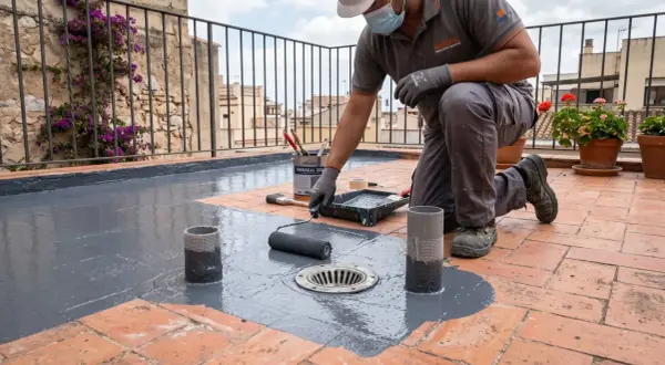Obrero aplica pintura gris para impermeabilizar terraza. Rodillo y cubeta de producto a su lado.