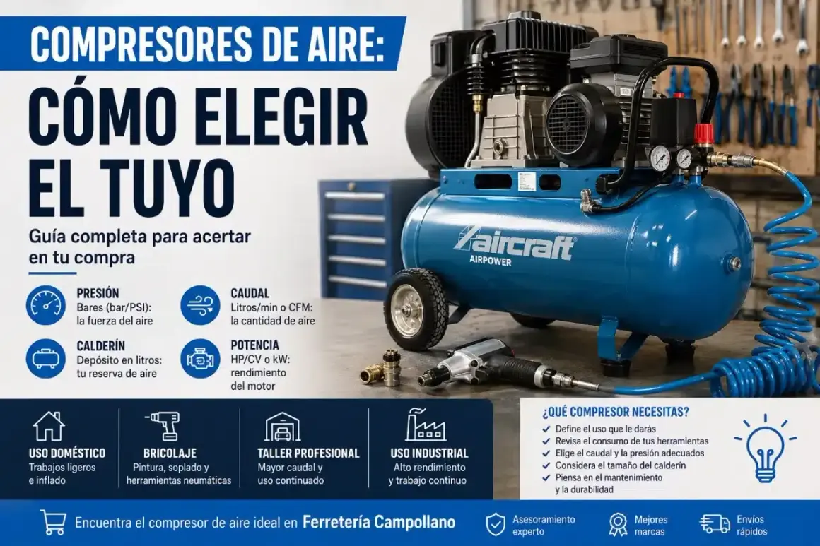 Guía para elegir tu compresor de aire. Descubre para qué sirve un compresor y sus características: presión, caudal, potencia y calderín.