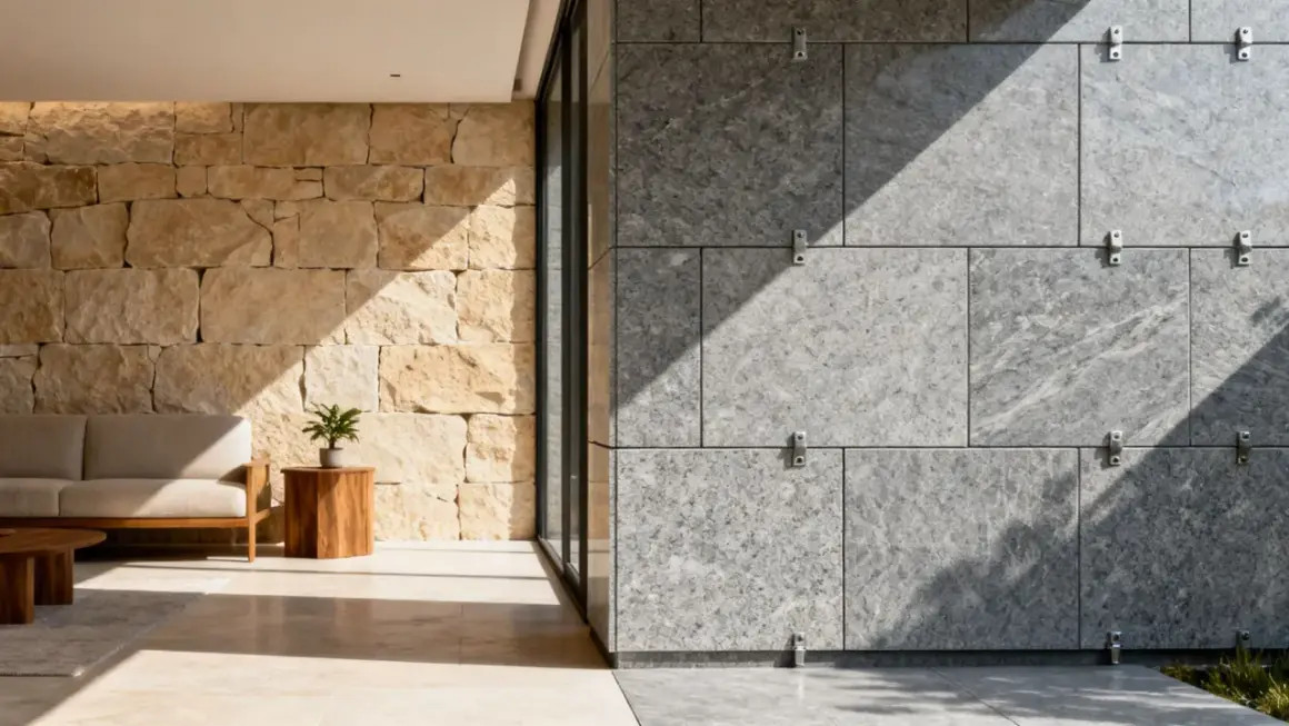 Un sofá beige junto a una pared de piedra dorada y una pared moderna de **mármol material** gris con sombras marcadas.