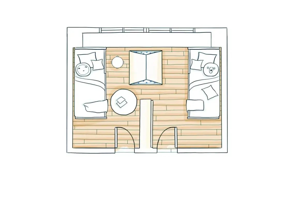Plano de medidas dormitorio juvenil con dos camas, mesa redonda y ventana.