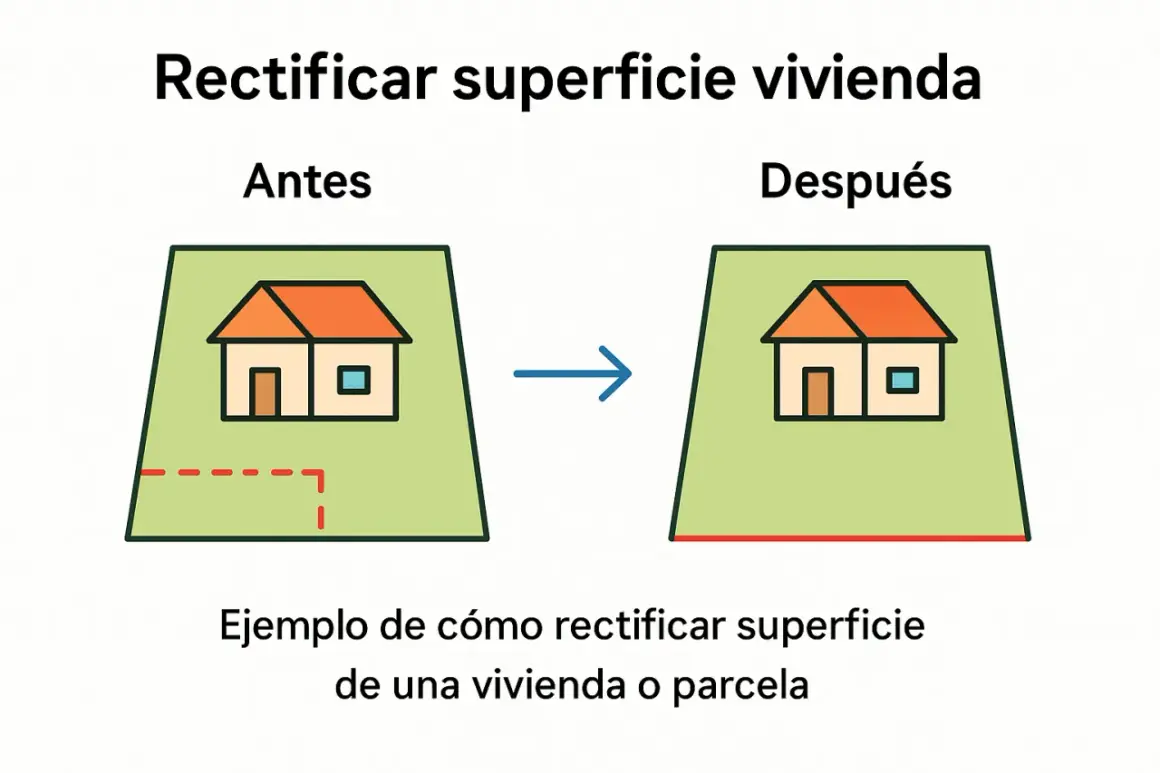 Ilustración muestra cómo corregir los metros cuadrados de una parcela en el catastro, pasando de una forma irregular a una más definida.