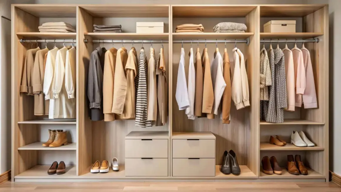 Armarios a medida con ropa y zapatos organizados. Estantes de madera clara, cajones y barras para colgar.