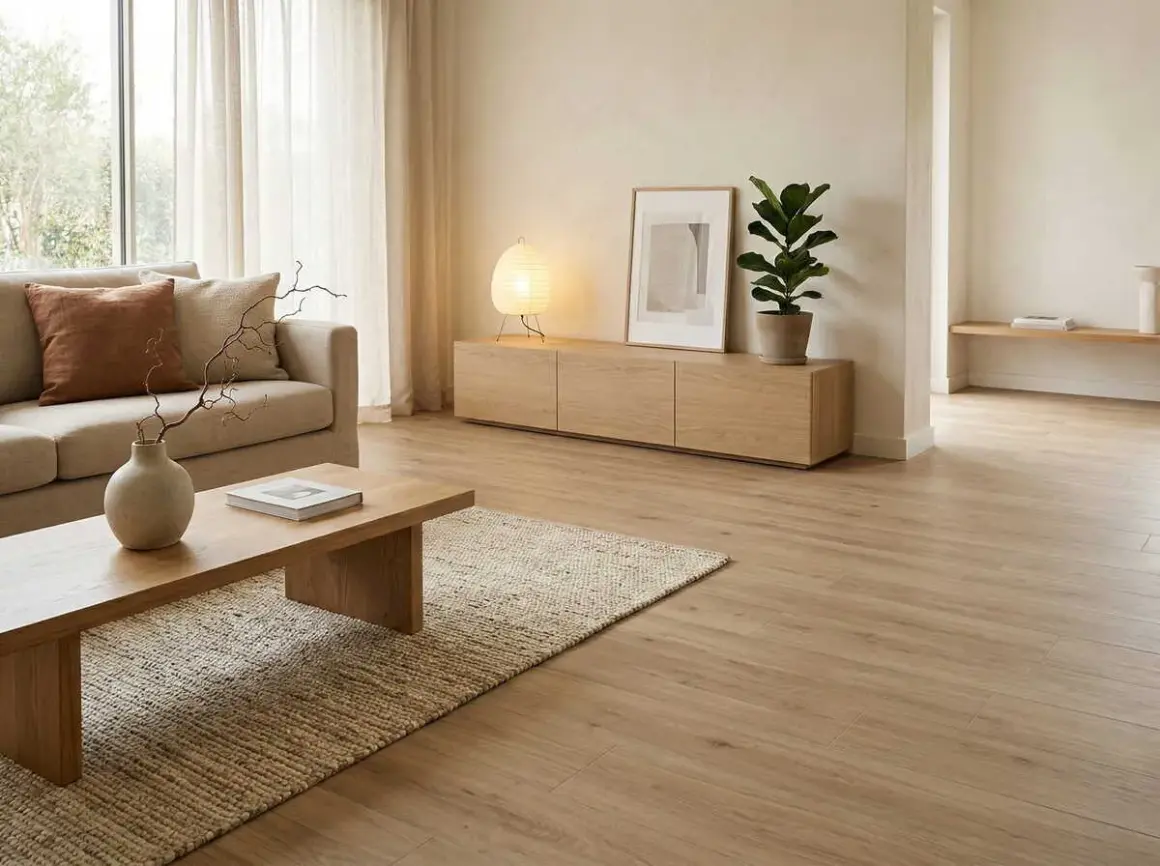 Salón de estilo japandi con sofá beige, mesa de centro de madera, alfombra de yute y mueble bajo con lámpara y planta.