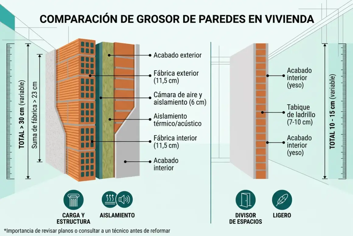 Comparación de grosor de paredes: una muestra el grosor de tabique entre viviendas con aislamiento, la otra un divisor de espacios ligero.