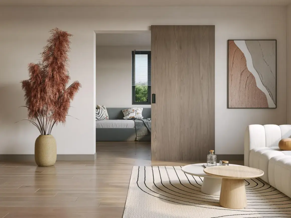 Instalar puerta corredera de madera en un salón moderno. Un jarrón con pampas secas decora el espacio.