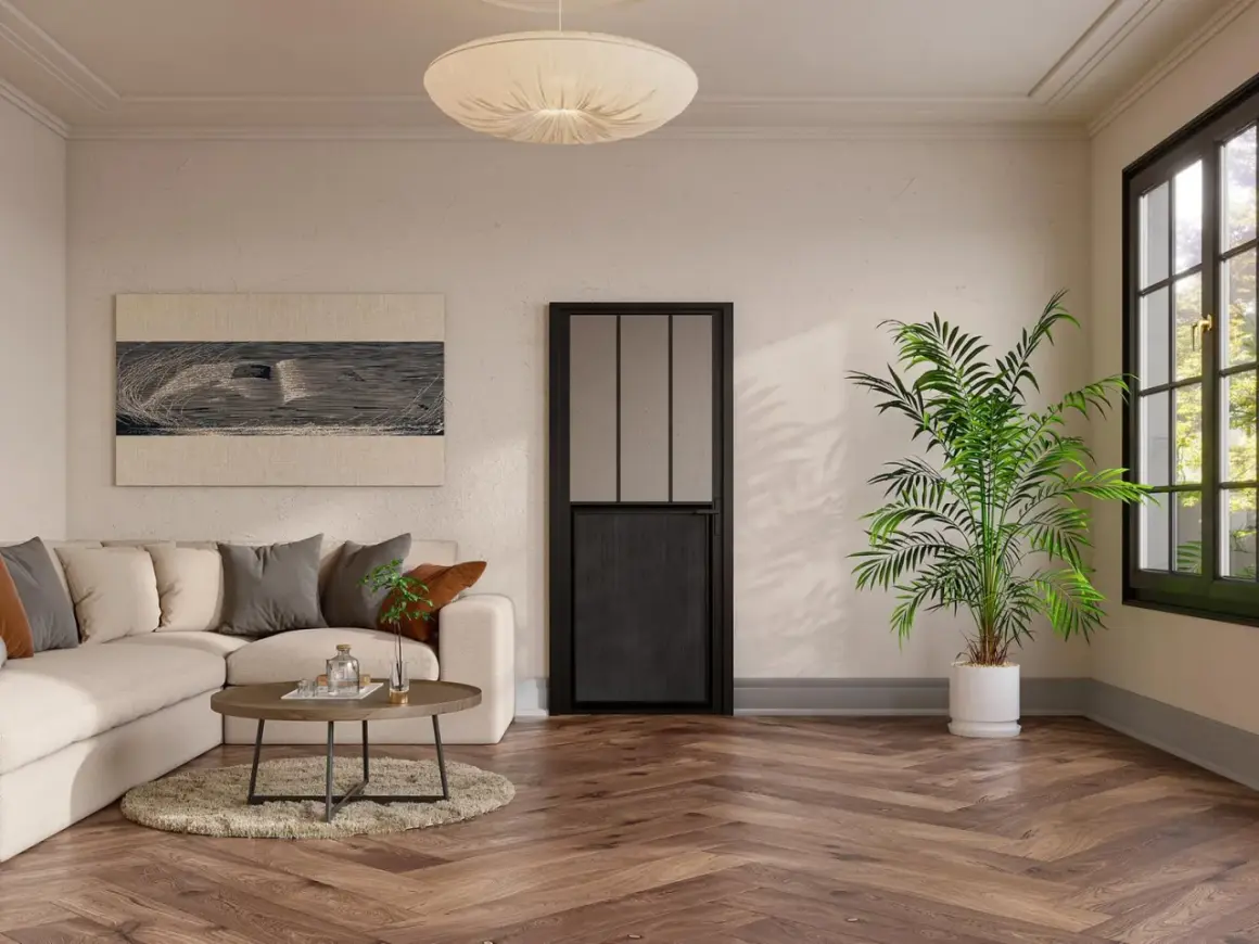 Un salón moderno con sofá beige, mesa de centro y una puerta negra de cristal, mostrando diferentes tipos de puertas.