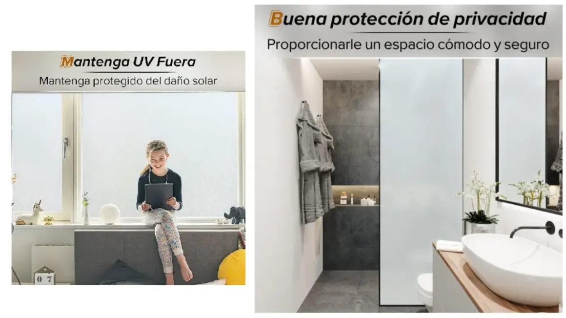 Película de vidrio mate para ventanas, protege del sol y da privacidad. Ideal para baños y habitaciones.