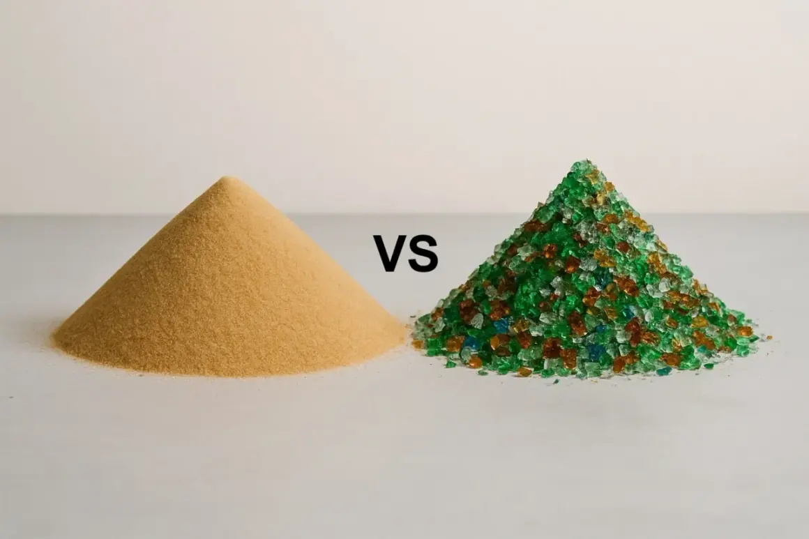Arena vs. vidrio triturado de colores. ¿Cuál es el mejor vidrio filtrante para piscinas? La imagen compara dos montones de material filtrante.