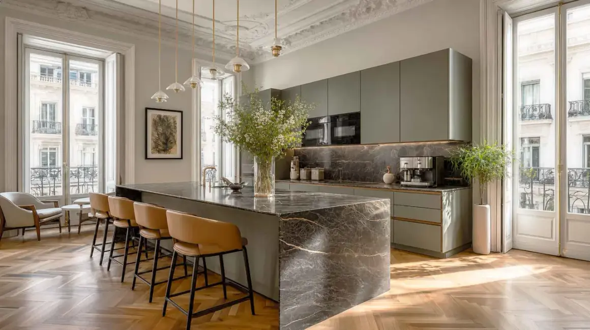 Cocina moderna con isla de mármol y taburetes. Un ejemplo perfecto de cuanto se revaloriza un piso reformado con estilo y acabados de lujo.
