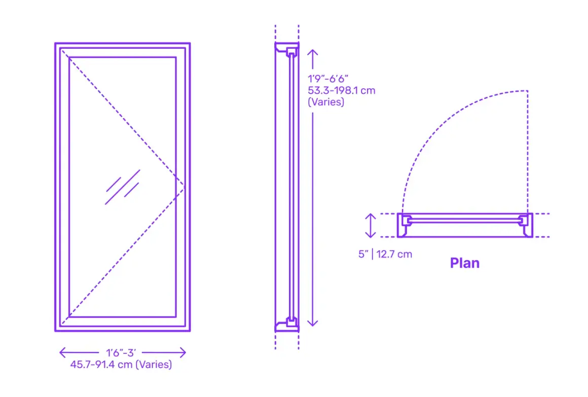 Diagrama de medidas estandar ventanas PVC. Muestra dimensiones de ancho (45.7-91.4 cm) y alto (53.3-198.1 cm), además de un corte transversal y vista en planta.