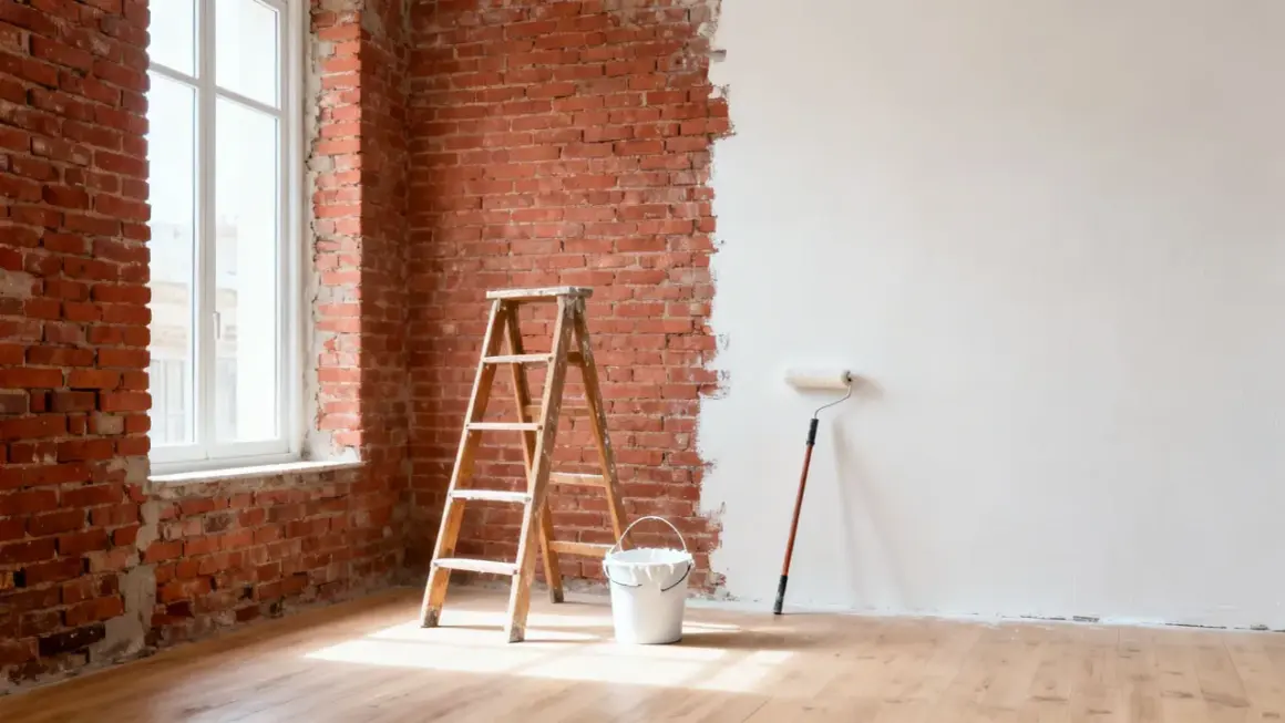 Una habitación con paredes de ladrillo expuesto y una pared parcialmente pintada de blanco. Una escalera de madera, un cubo de pintura y un rodillo esperan para continuar la renovación.