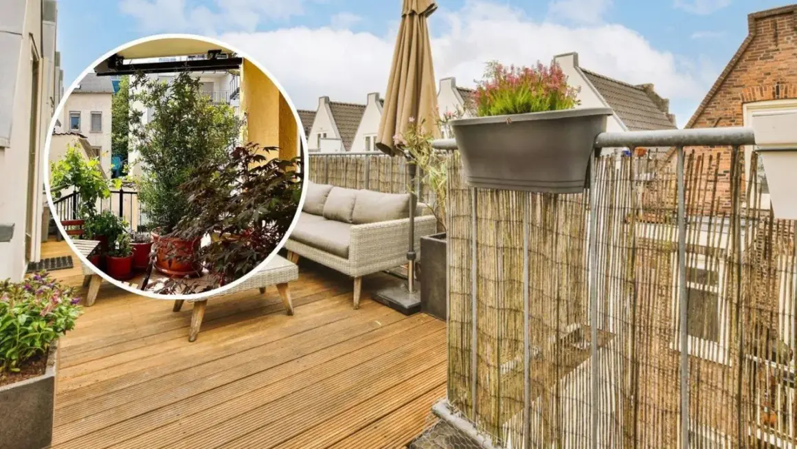 Disfruta de la intimidad en esta terraza ático con muebles cómodos y vegetación exuberante.