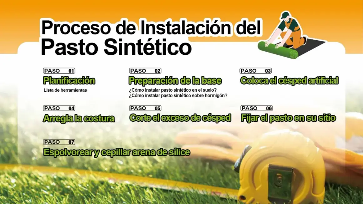 Guía paso a paso para la instalación de césped artificial: planificación, preparación, colocación, corte, fijación y acabado.