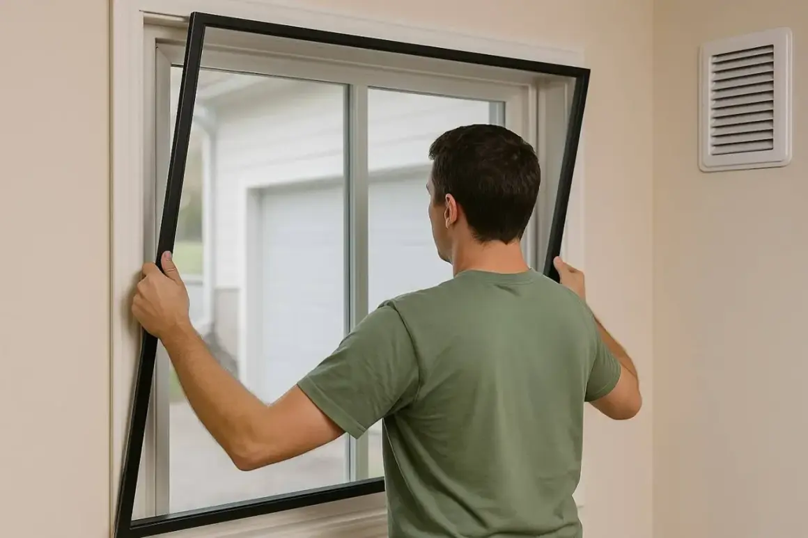 Hombre instala un marco para ventanas insonorizadas, mejorando el aislamiento acústico del hogar.