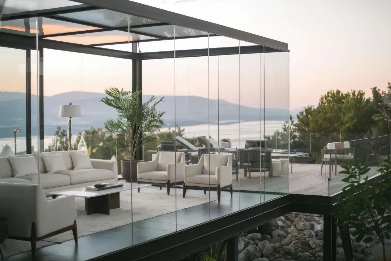 Un patio moderno con techo de cristal y paredes, ideal para saber como cubrir un patio de la lluvia y disfrutar de las vistas.