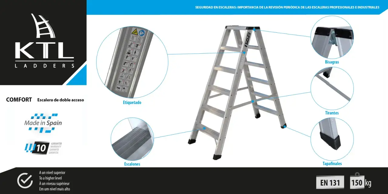 Escalera de doble acceso KTL con escalones antideslizantes. Detalle de bisagras, tirantes y tapafinales. Soporta 150 kg.