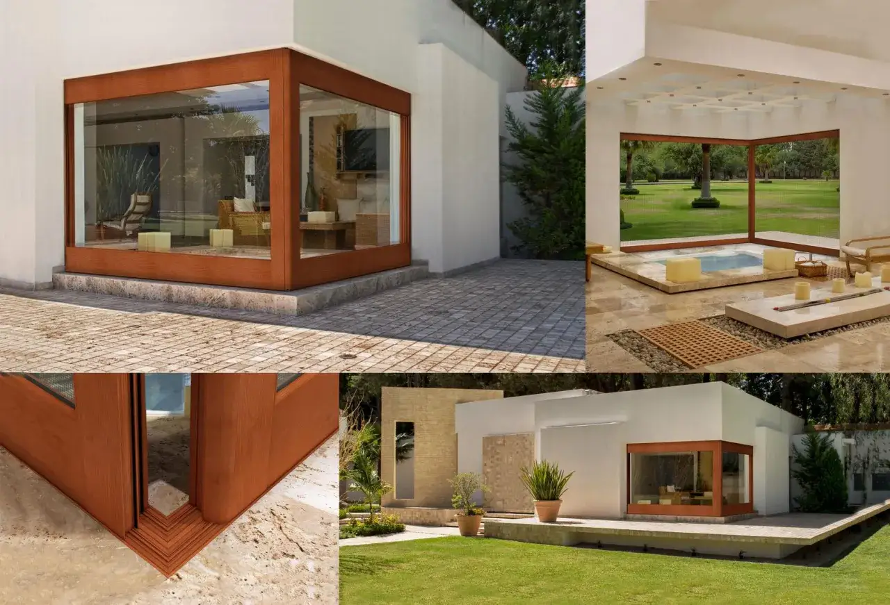 Esquina de cristal con triple acristalamiento, que ofrece vistas a un interior moderno y a un jard&iacute;n exuberante.