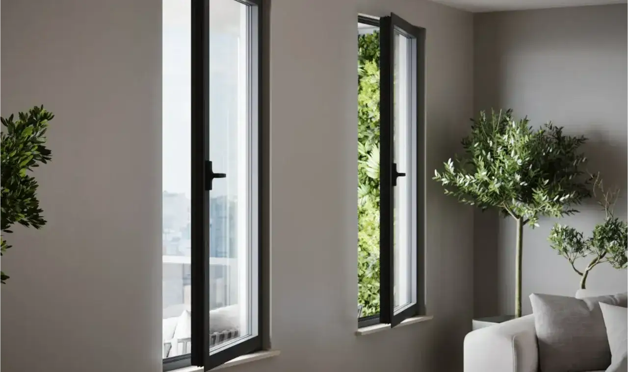 Dos ventanas oscilobatientes, una abierta hacia un jardín vertical exuberante y otra mostrando la vista de la ciudad.
