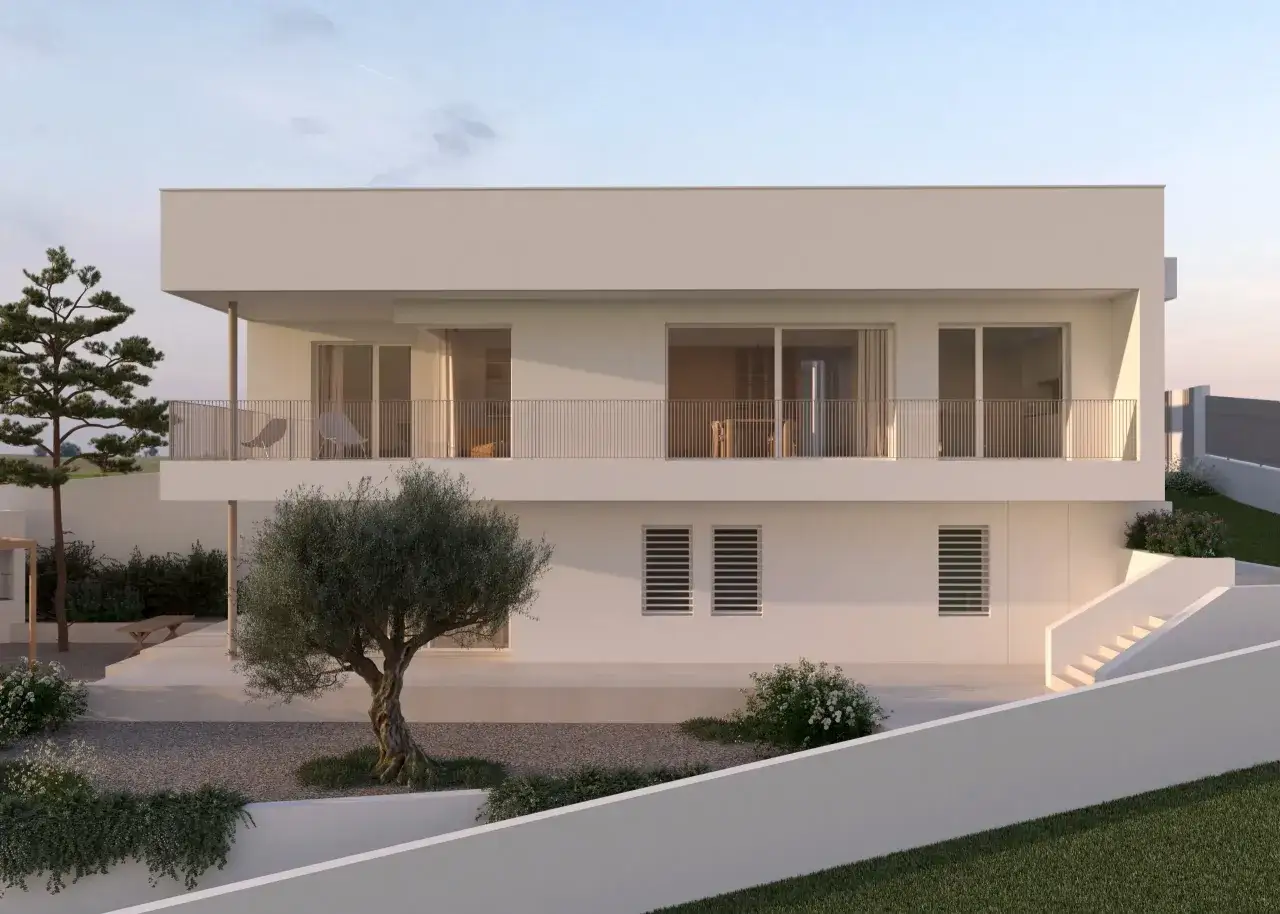 Casa moderna blanca con balc&oacute;n y jard&iacute;n. Un sue&ntilde;o de construir una casa desde cero, precio asequible.