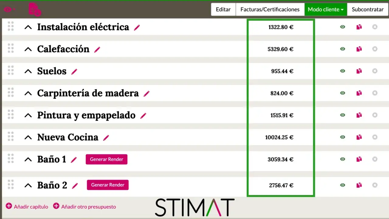Detalle de un presupuesto de obra con partidas como instalación eléctrica, calefacción, suelos, carpintería, pintura, cocina y baños.