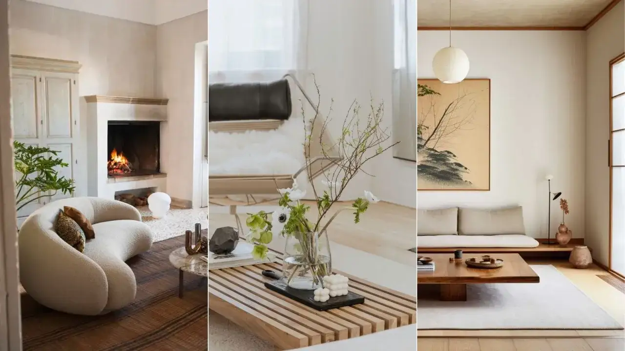 Salón con chimenea acogedora, mesa de centro con flores y un rincón de lectura minimalista, todo en un sereno estilo japandi.