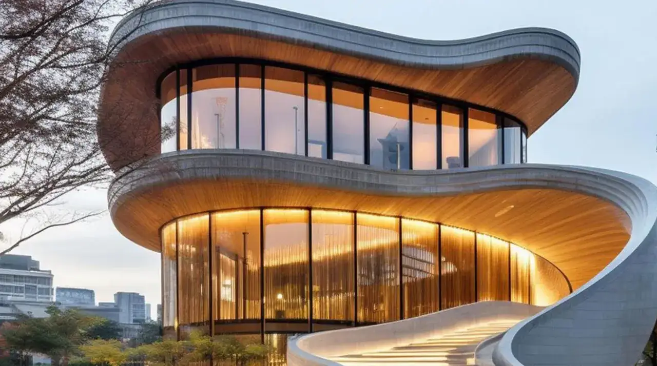 Edificio moderno con curvas org&aacute;nicas, madera y cristal. Parece un lugar ideal para usar IA para hacer planos arquitect&oacute;nicos.