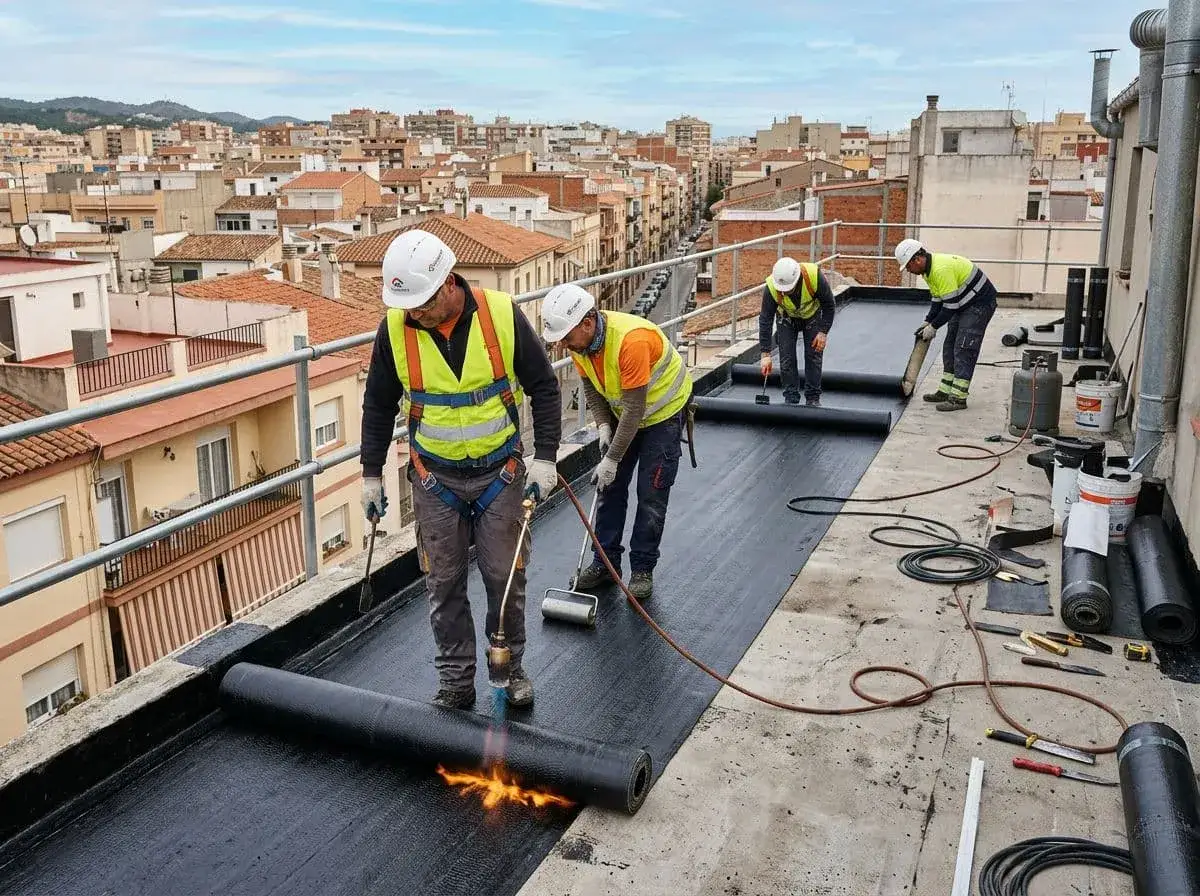 Trabajadores con equipo de seguridad instalan membrana asfáltica para impermeabilizar terraza.