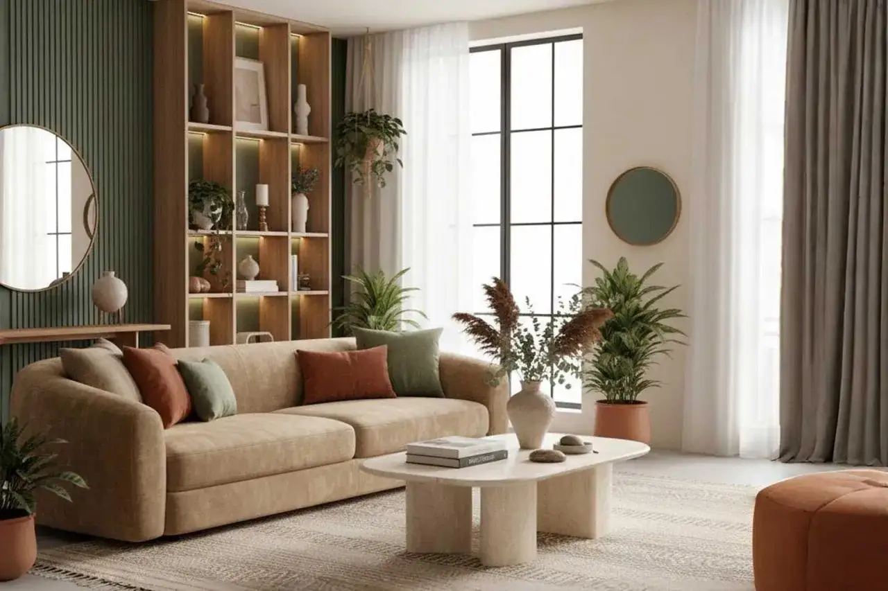 Sofá beige con cojines en tonos tierra y verdes, rodeado de plantas y estanterías iluminadas. Un ambiente acogedor con colores cálidos.