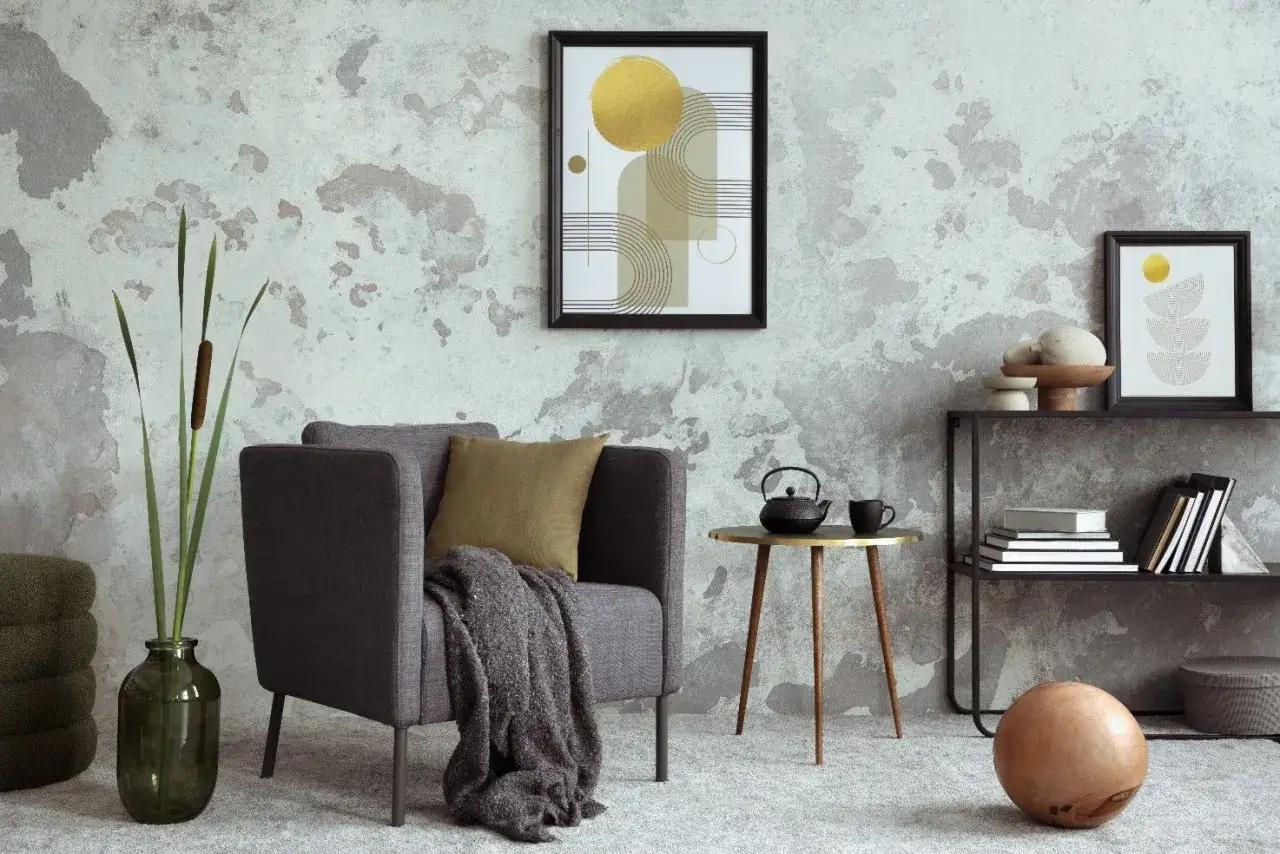 Sal&oacute;n moderno con pared texturizada que combina papel pintado y pintura. Sill&oacute;n gris, mesa auxiliar dorada y arte abstracto.