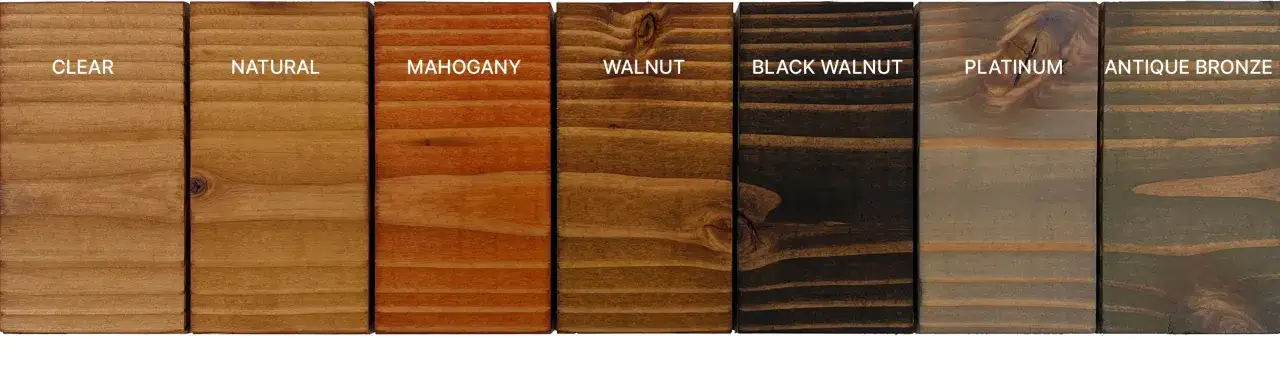 Muestras de tratamiento madera exterior: Clear, Natural, Mahogany, Walnut, Black Walnut, Platinum y Antique Bronze.