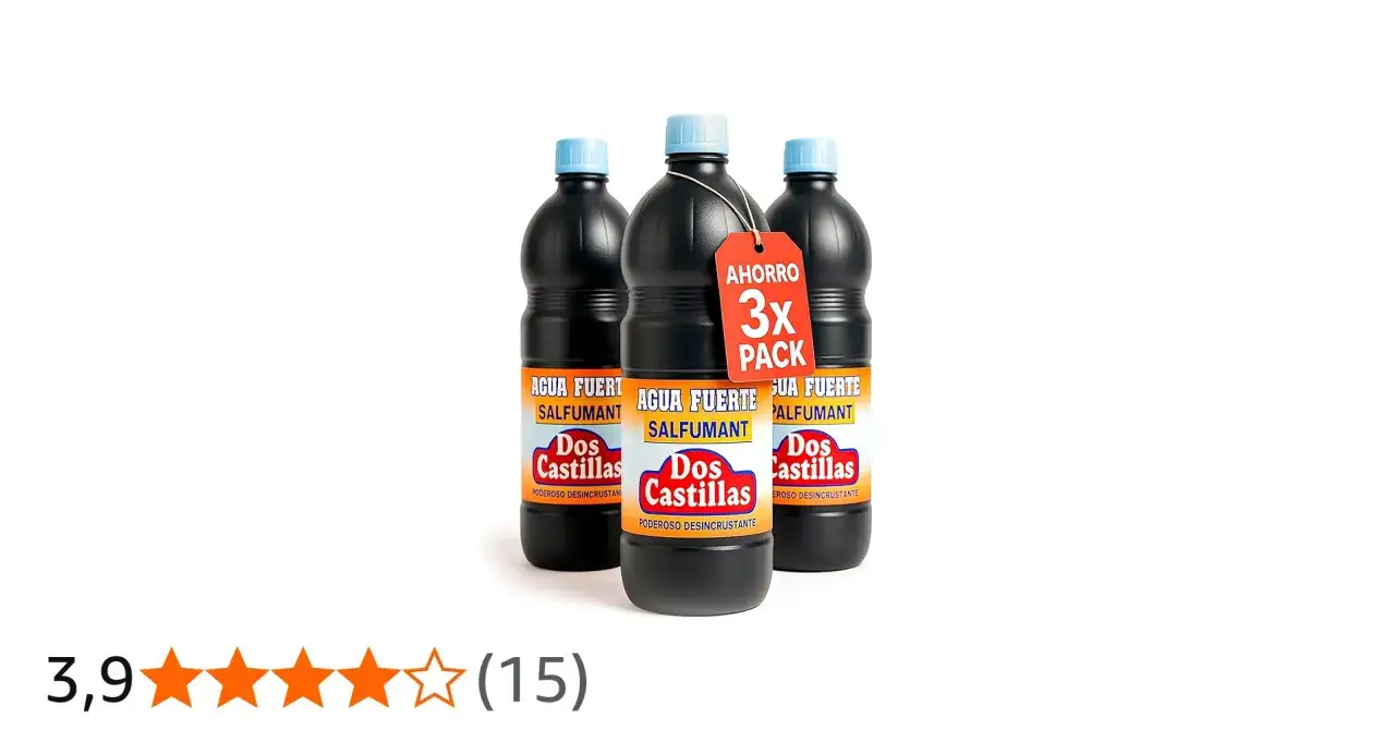 Tres botellas de Agua Fuerte Salfuman, un poderoso desincrustante, en pack de ahorro 3x. Ideal para eliminar la suciedad más difícil.