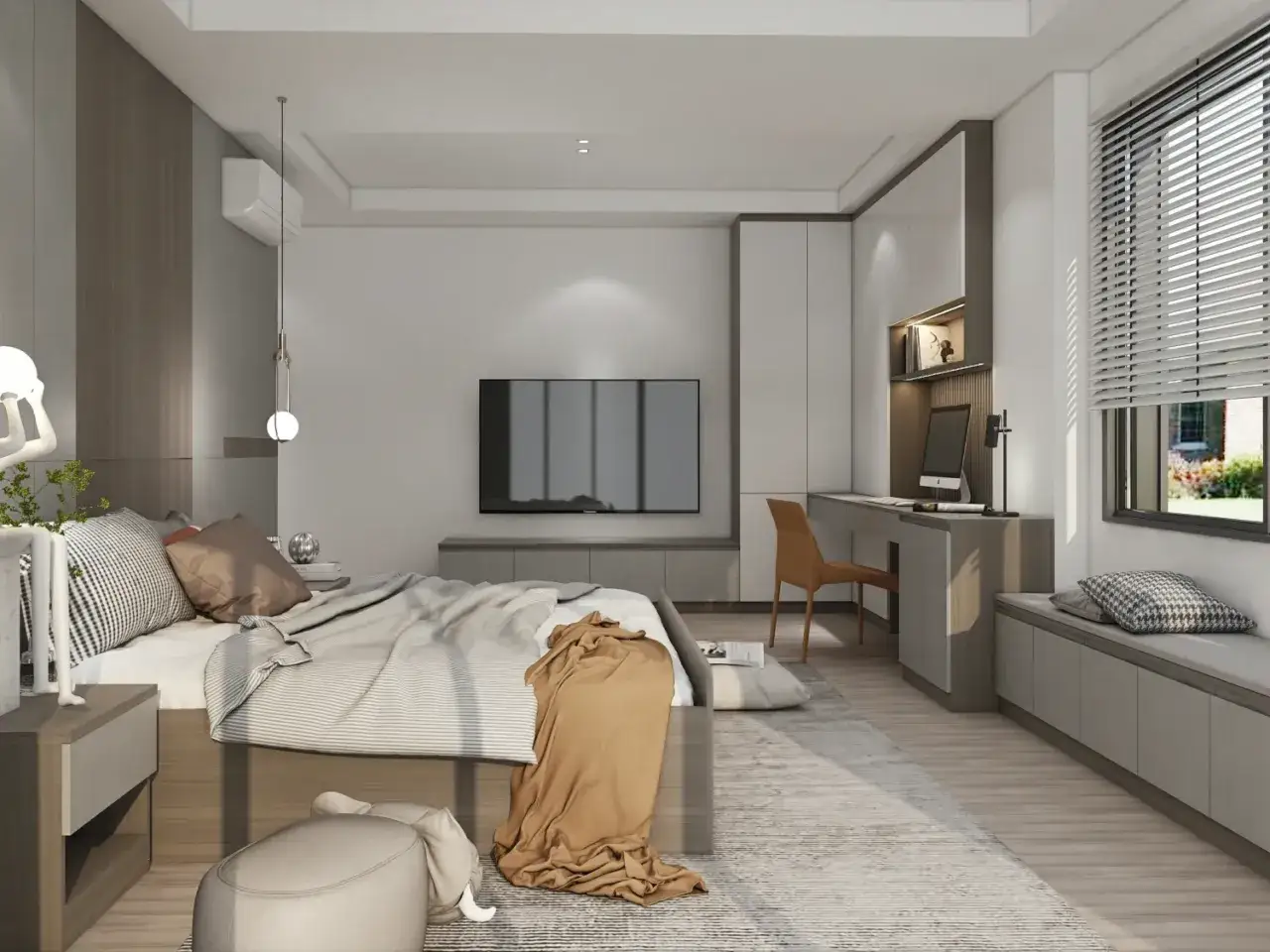 Modern bedroom design with a large bed, TV, and integrated desk. Perfect to dise&ntilde;ar habitacion for comfort and productivity.