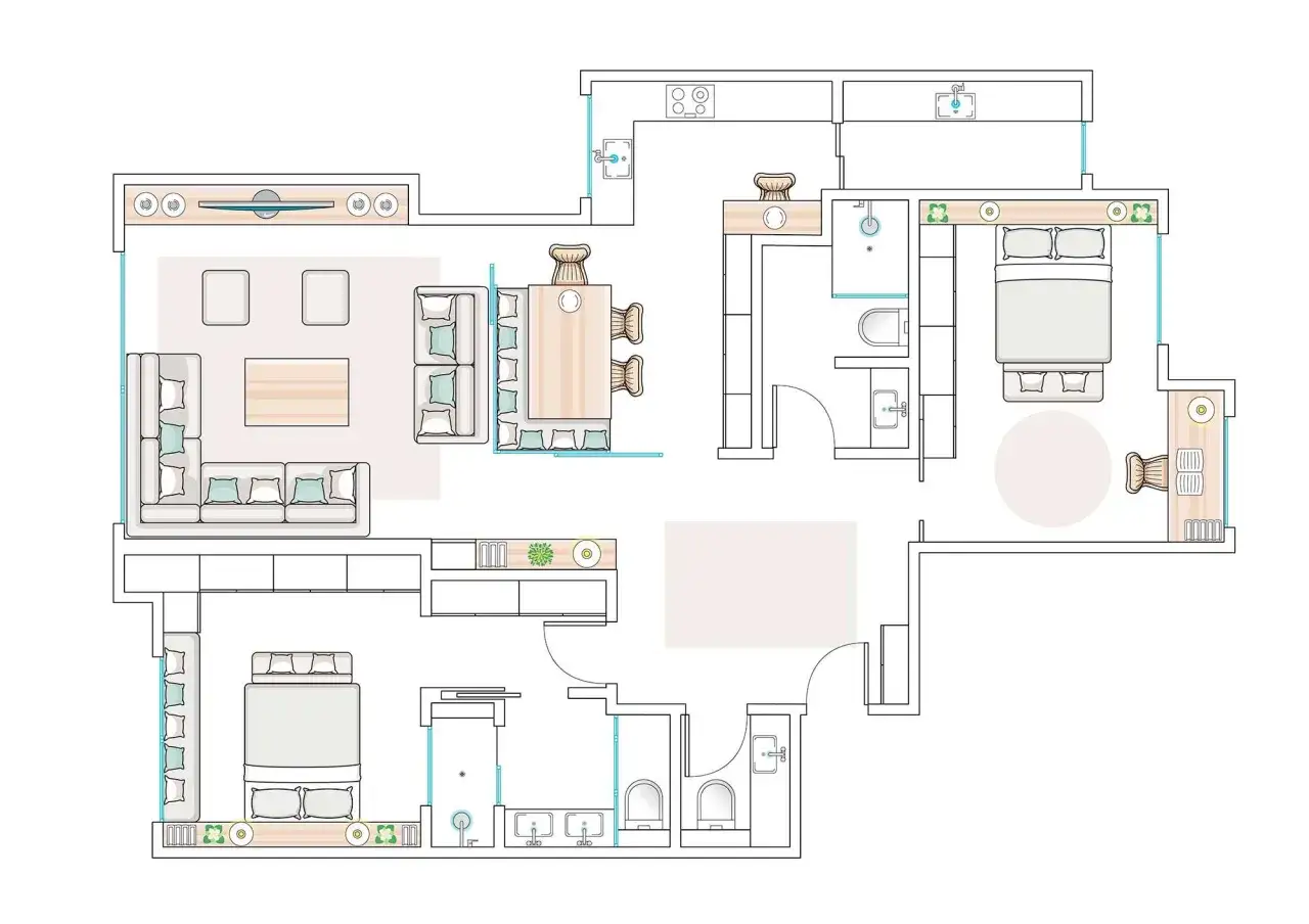Plano de apartamento con sal&oacute;n, comedor, cocina, dos dormitorios y dos ba&ntilde;os. Disfruta de la luz natural con orientaci&oacute;n este.