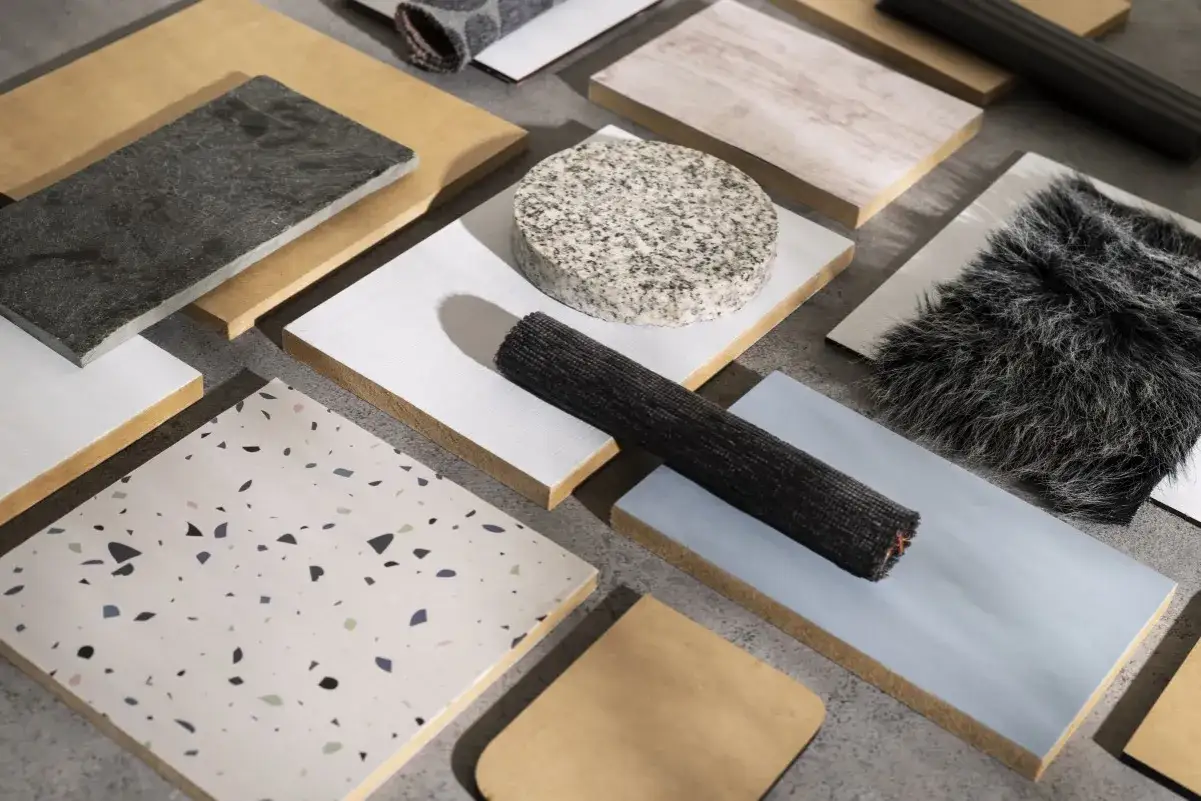 Muestras de materiales para cambiar suelo casa: terrazo, granito, madera, piedra y texturas peludas.