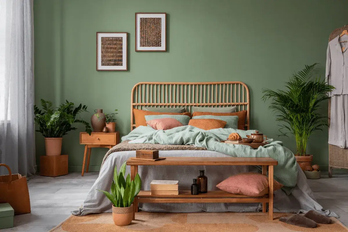 Habitaci&oacute;n con paredes verde salvia, cama de rat&aacute;n con ropa de cama menta y cojines terracota. Inspiraci&oacute;n de colores para habitaciones.