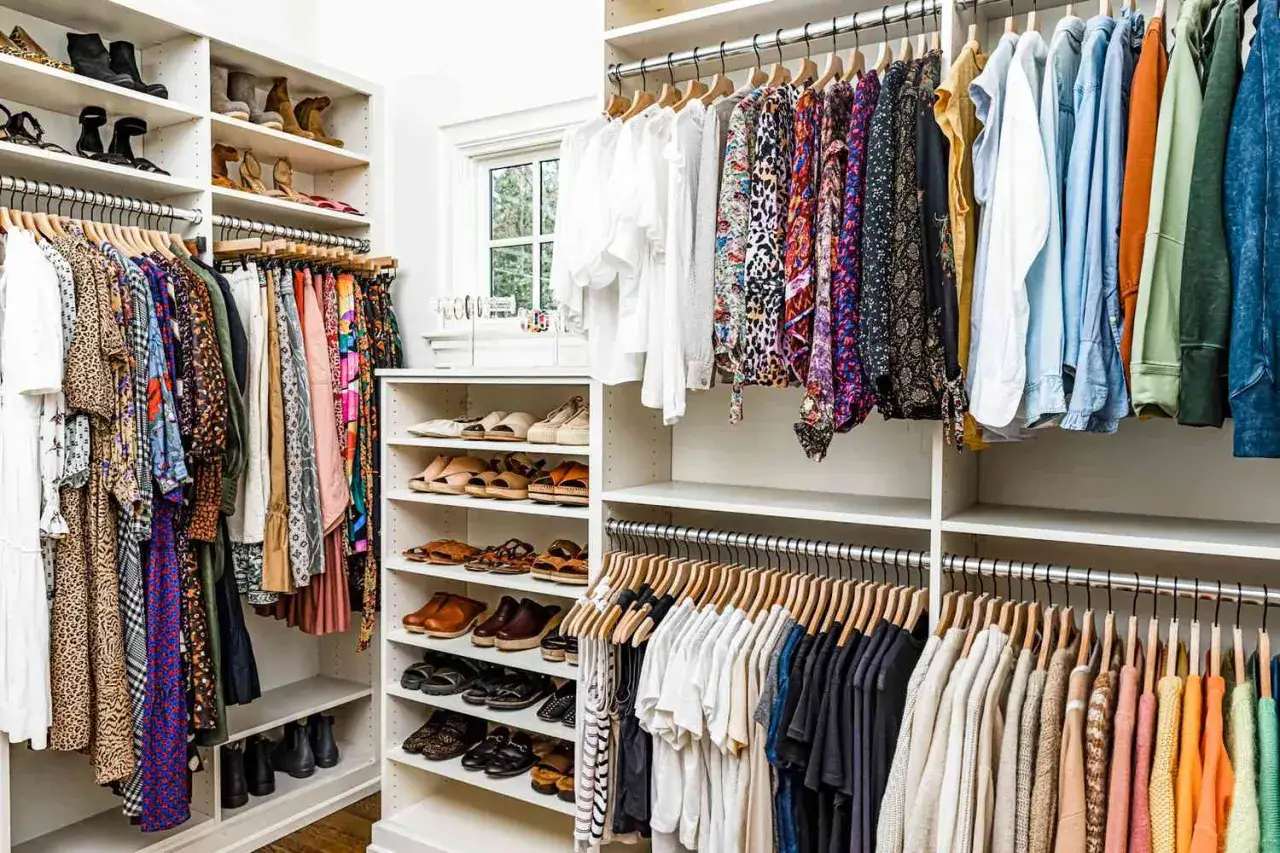 Armarios organizados con ropa y zapatos ordenados por color y tipo. Un ejemplo perfecto de c&oacute;mo organizar armarios para tener todo a la vista.