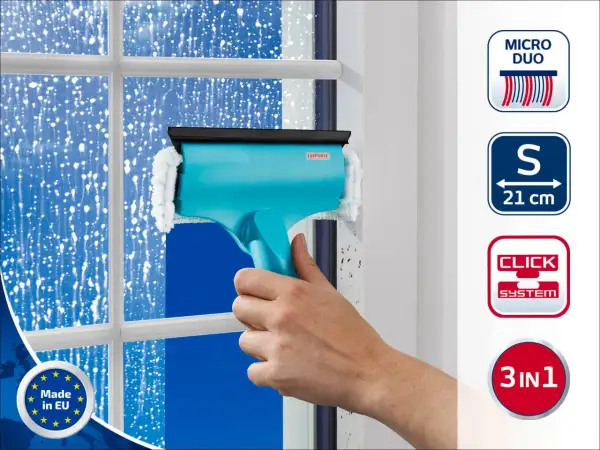 Herramienta azul para limpieza de ventanas con mango ergonómico, ideal para dejar tus cristales relucientes.