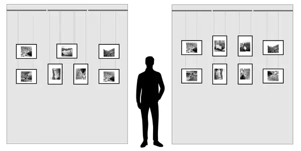 Ilustración muestra cómo colgar un cuadro en una galería, con varias opciones de disposición y un hombre silueta para escala.