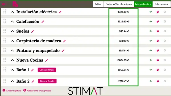 Detalle de un presupuesto de obra con partidas como instalación eléctrica, calefacción, suelos, carpintería, pintura, cocina y baños.