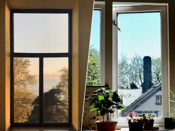 Ventajas del vidrio: vistas al mar y al jardín desde dos ventanas.