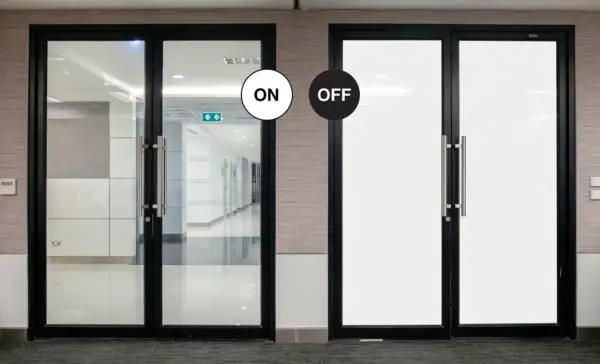 Puertas con cristal inteligente que cambia de transparente a opaco.