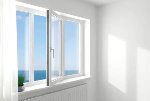 Ventana oscilobatiente de 2 hojas abierta, dejando entrar la brisa marina y la luz del sol.