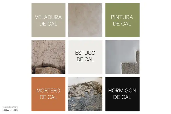 Muestras de acabados: veladura, estuco, pintura, mortero de cal y hormigón. Texturas y colores naturales.